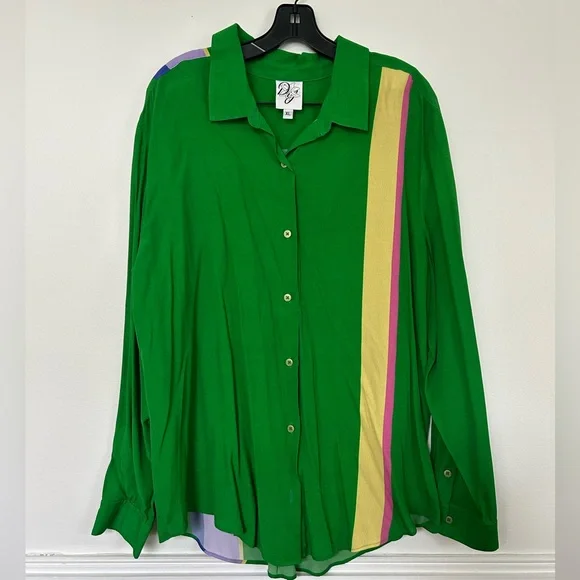Green Button-Up Shirt with Colorful Stripes and Matching Pants - Picture 2 of 5